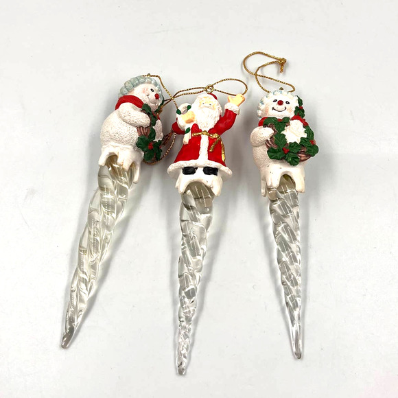 Vintage 90's Icicle Christmas Tree Ornaments Santa Snowman 3 Piece Lot - Picture 1 of 7